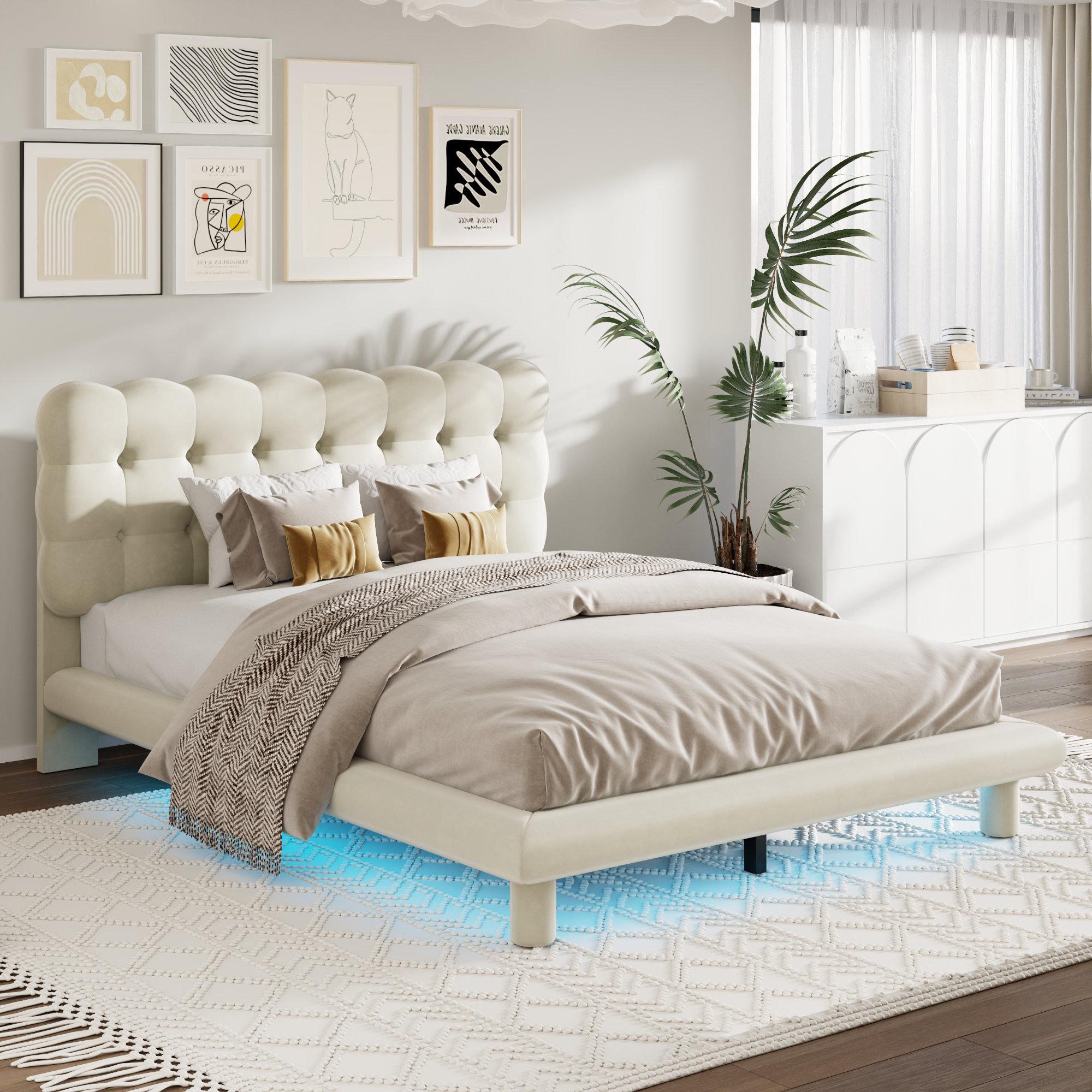 Hilmir Velvet LED Platform Bed Button Tufted Headboard Thick Soft Fabric 16 Colors LED Lights Ivy Bronx Color Beige Size Queen